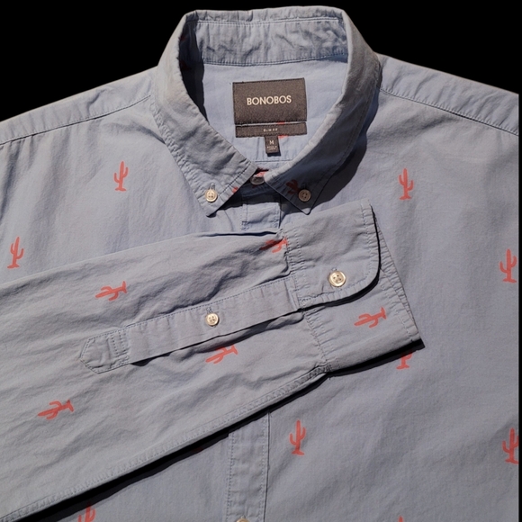 Bonobos Long Sleeve Button Front Shirt Blue Pink Cactus Slim Fit Medium - Picture 2 of 4